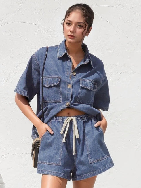 'Elowen' Button Up Denim Top & Shorts Set - Celes Fashion